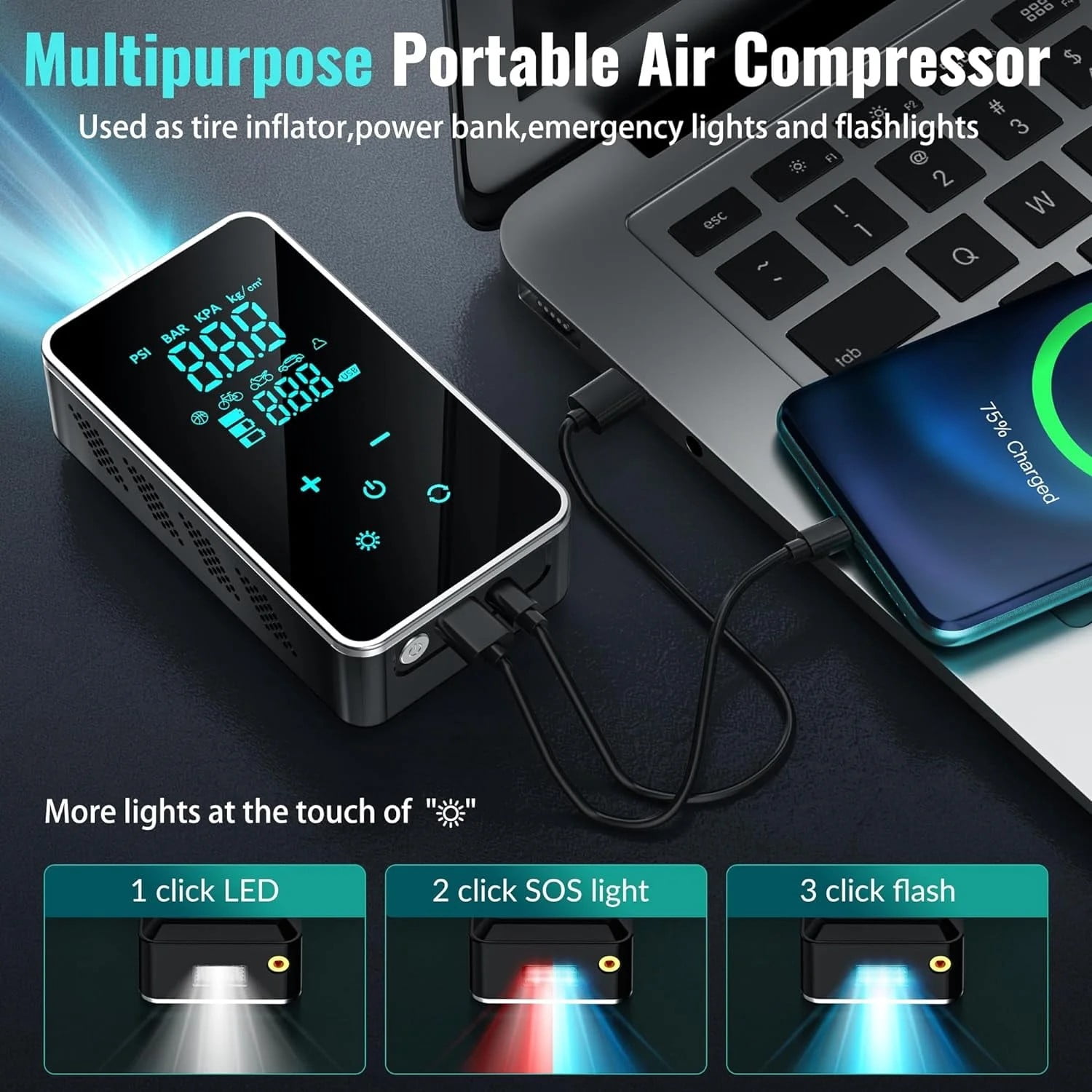 Tire Inflator Portable Air Compressor-18000mAh-Portable Air Pump-150 PSI Tire Pump with Touch Screen/Gauge/Light for Car, Motorcycle, Bike, Ball