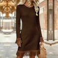 thumbnail image 2 of YUGYXL Women's Ribbed Knit Tassel Dress Casual Crew Neck Long Sleeve Fringe Knee Length Dresses Going Out Vacation Outfits Coffee XXL, 2 of 6