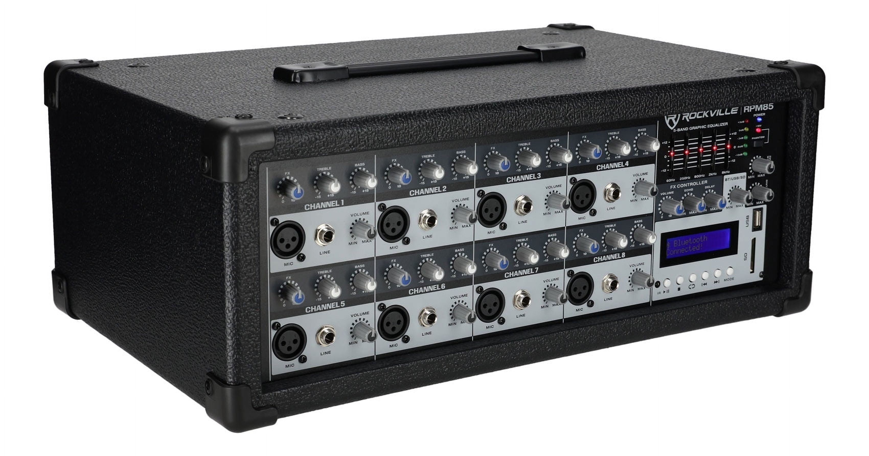 Rockville RPM85 2400W Powered 8 Channel Mixer, Bluetooth, USB/SD, 5 Band EQ, Adjustable Echo/Delay, +15V Phantom Power, for Live Music and Events