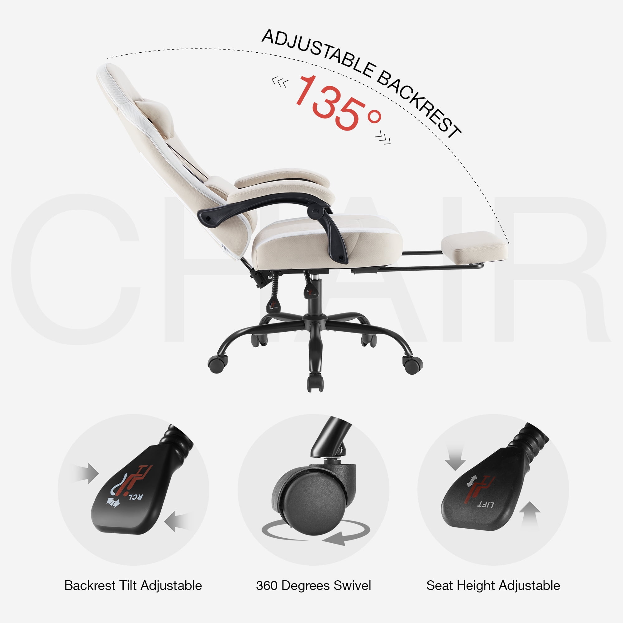 MCQ Computer Gaming Task Chair, High Back Ergonomic with Linkage Armrests, Footrest and Lumbar Support, 360° Swivel Wheels, Khaki