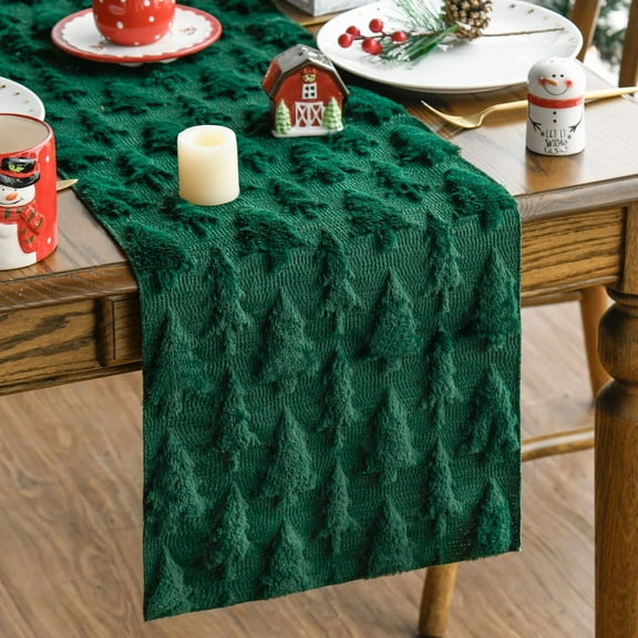Green Christmas Trees Soft Plush Faux Fur Jacquard Christmas Table Runner, Holiday Kitchen Dining Table Decoration for Home Party Decor 13x72 Inch