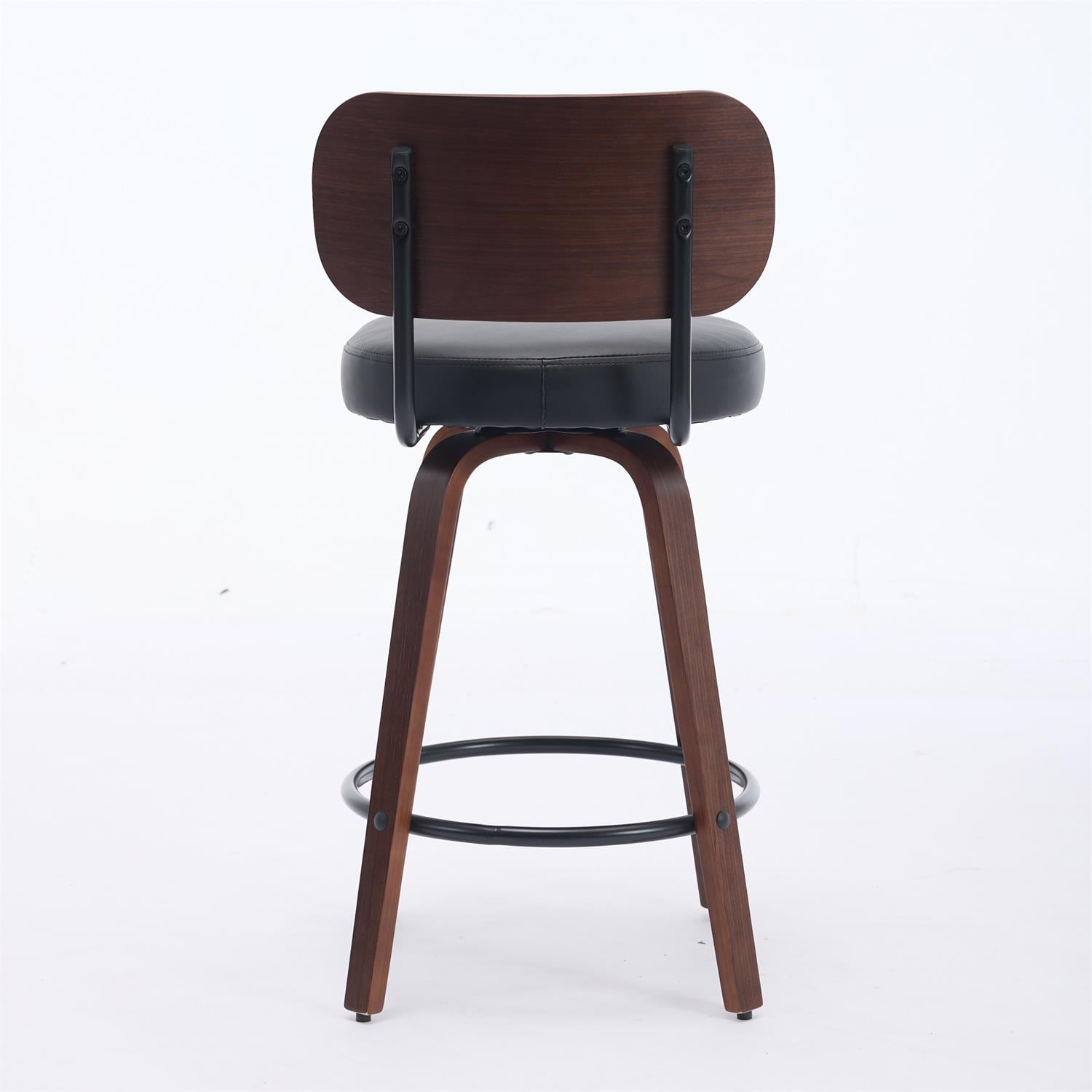 Demi Bonn 35" Swivel Bar Stools Set of 2 with Upholstered Faux Leather， Walnut Back & Bentwood Legs, Counter Height Stools for Kitchen or Bar Seating, Black