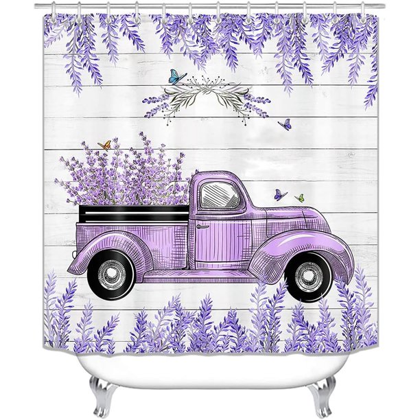 Sonernt Purple Rustic Truck Shower Curtain 60x72inch, Country Farm