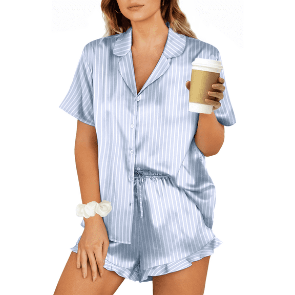 UVN Pajamas Sets for Women Short Sleeve Button Down Tops and Ruffle Shorts 2 Piece Outfit Satin Silk Pjs Sleepwear Loungewear