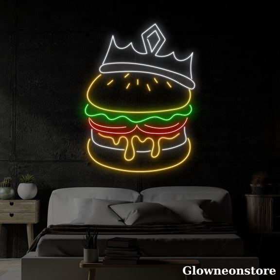 Glowneon King Burgers Neon Sign, Crown Hamburger LED Sign, Restaurant Fast Food Décor
