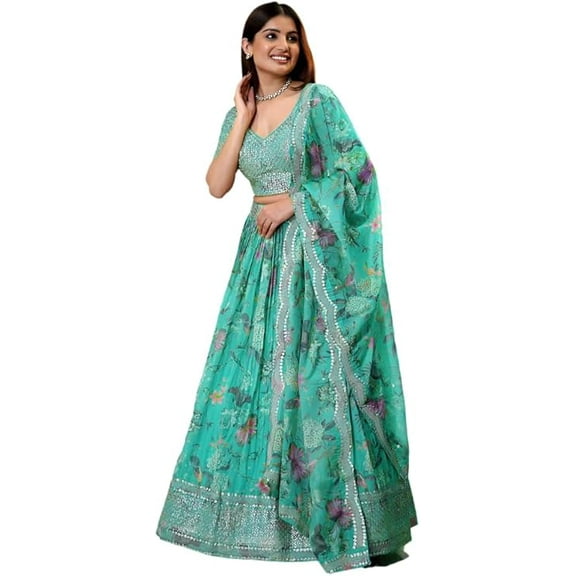 Traditional Wear Floral Printed Indian Pakistani Designer Lengha Choli Heavy Sequins Worked Lehenga Choli ( Sky Blue, XXS - 34 )