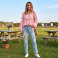 thumbnail image 4 of Women's Solid Color Round Neck Lace Patchwork Blouse, Long Sleeve Hollow Out Casual Shirt, Loose Fit Eyelet Top for Daily Office Holiday Wear 02-Pink S, 4 of 5