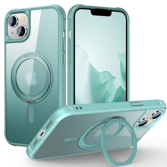 TECH CIRCLE Case for iPhone 15 6.1" 2023 - Translucent Back Sturdy Rotating Kickstand Shell Cover Compatible with MagSafe with Phone Ring Holder, Green