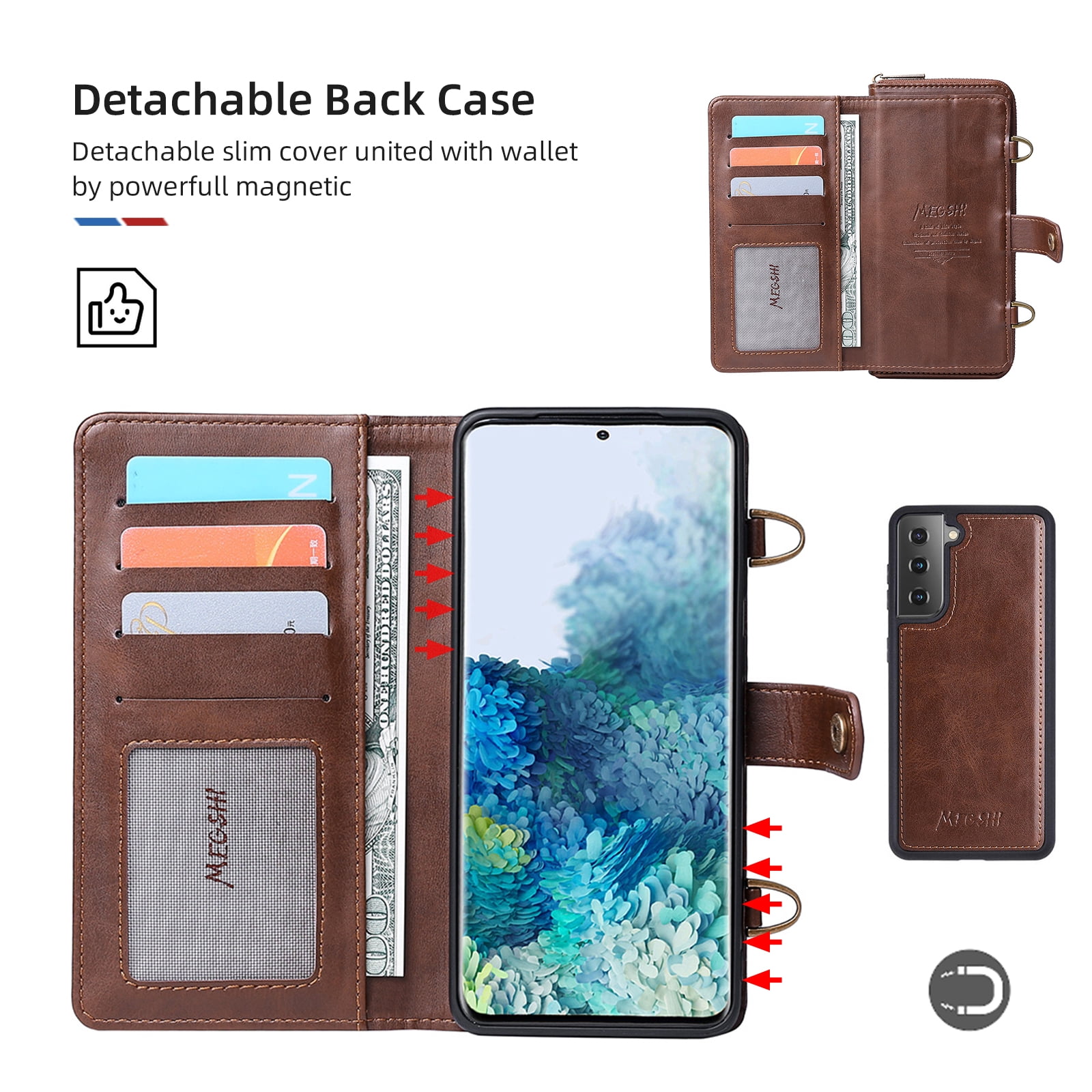 Galaxy S22 Wallet Case Premium Leather Flip Zipper Detachable Magnet Wallet Stand Card Holder Case with Crossbody Lanyard Strap Zipper Pocket Cover for Samsung Galaxy S22 6.1 inch 2022,Brown