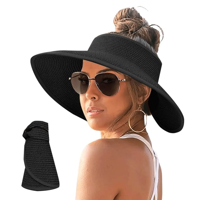 KOKOPARK Visières pour Femmes Légères Mode d'Automne Incontournables Protection Uv Retroussables Grand Bord Queue de Cheval Chapeau de Soleil Noir