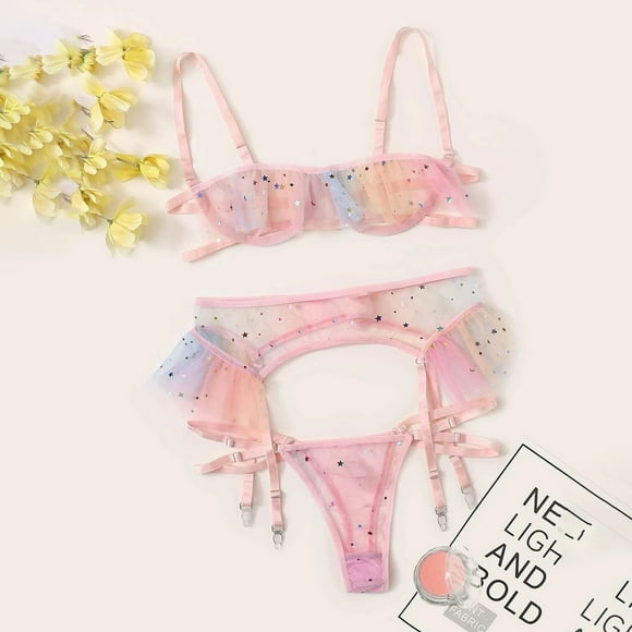 Zjloe7sa Women's Lingerie Set Colorful Printed Star Moon Embroidery Thong Temptation Underwear Garter Belt Pink