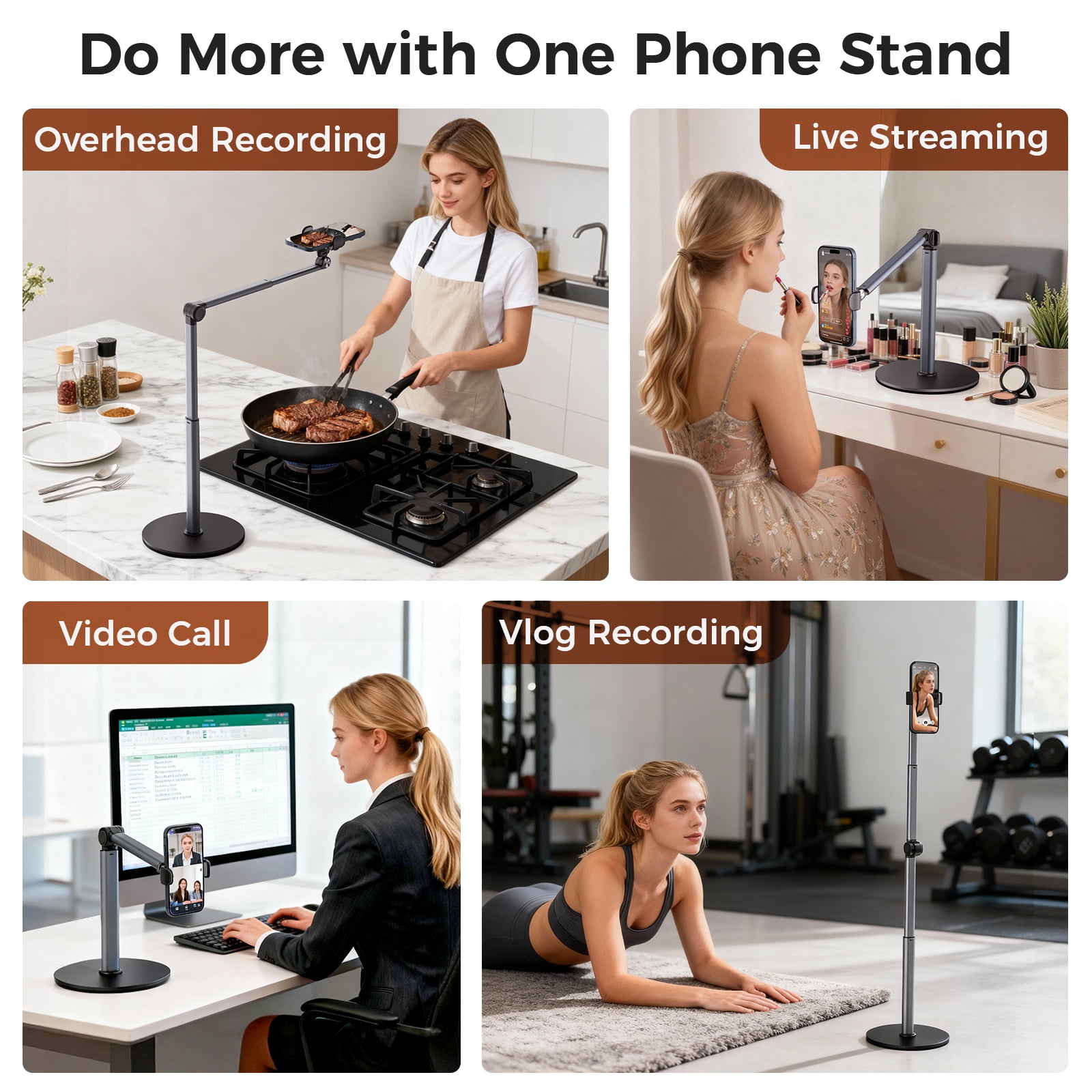 MoKo Overhead Phone Mount, 11.8 in Desk Cell Phone Tripods Stands, Angle & Height Adjustable, Telescopic Arm for Live Streaming, Meeting, Cooking, Nail Video Recording