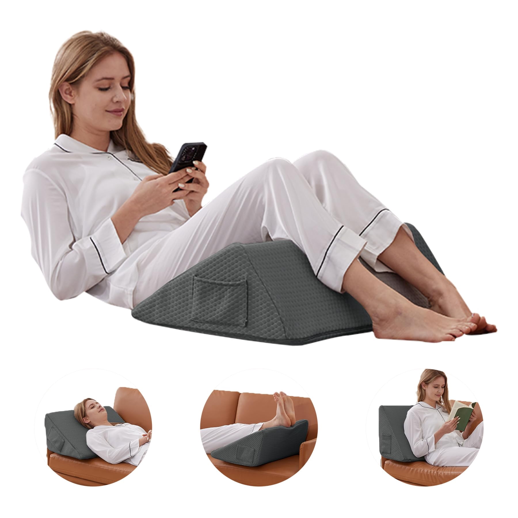 Wedge Pillow  Memory Foam Leg Bed For Sleeping Triangle Support Elevation Knees (23.6" X 23" 7.9" Large Size Black)