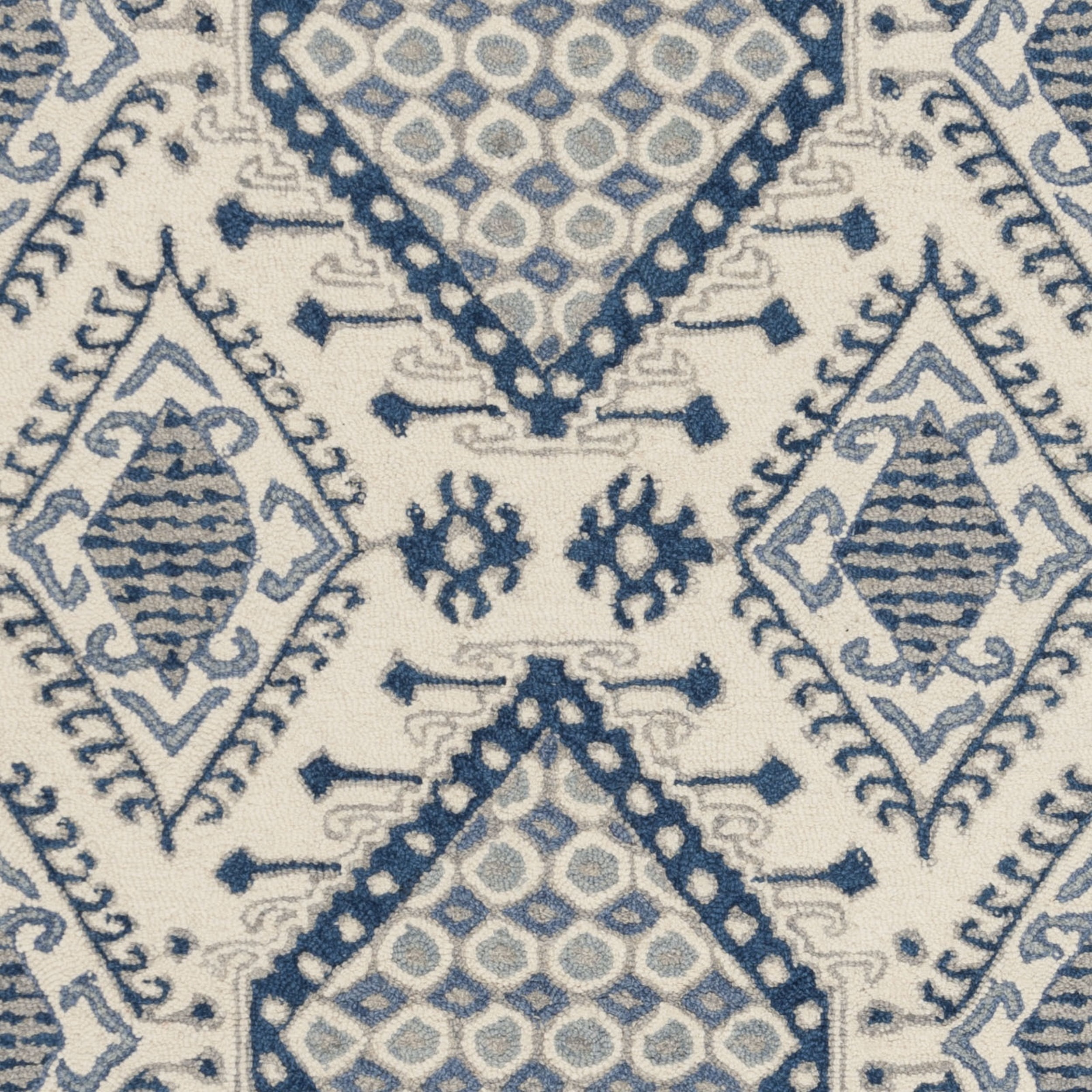 SAFAVIEH Micro-Loop Jolene Geometric Wool Area Rug, Ivory/Blue, 5' x 5' Round