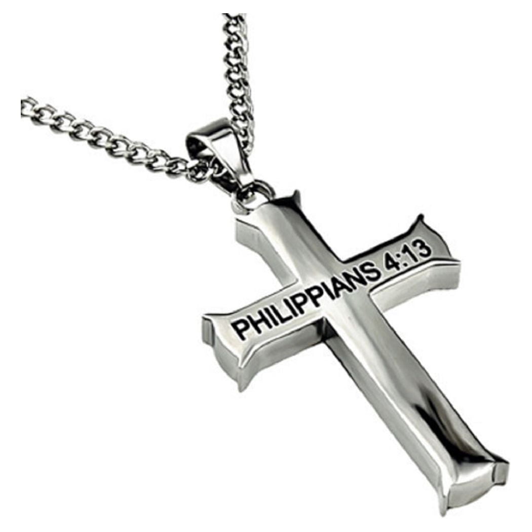 Philippians 4:13 Jewelry Cross Necklace STRENGTH Bible Verse Stainless Steel 24 inch Curb Chain