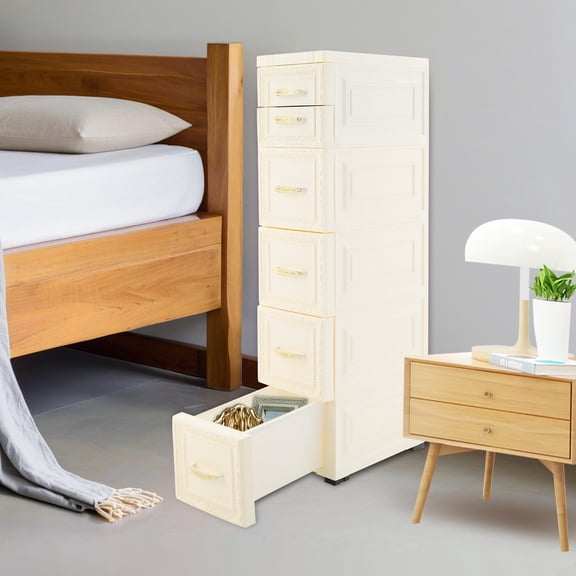 1* White 5-Tier Storage Cabinet, 6 Drawers Plastic Storage Cabinet, 18*32*84cm/ 7. 1*12. 6*33. 1in Slim Storage Cabinet For Studio, Bedroom, Bathroom, Laundry Room, Garage, Kitchen, Living Room