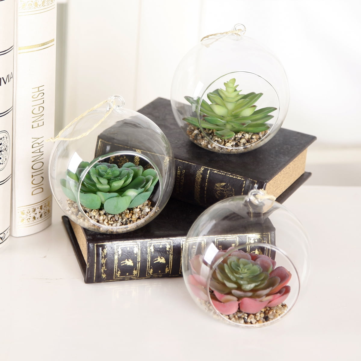 Table Top Set of 3 5.5 in. Glass Blub with Fake Succulents