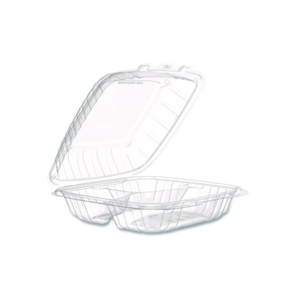 Dart 90PPHT3 Microwaveable Hinged Containers, 3 Compartments, 9 X 8.75 X 3, Clear, Plastic,150/carton