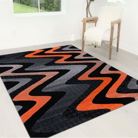 Handcraft Rugs Electric Orange/Gray/Silver/Black/Abstract Area Rug Modern Contemporary Zigzag Crisscross Wave Design