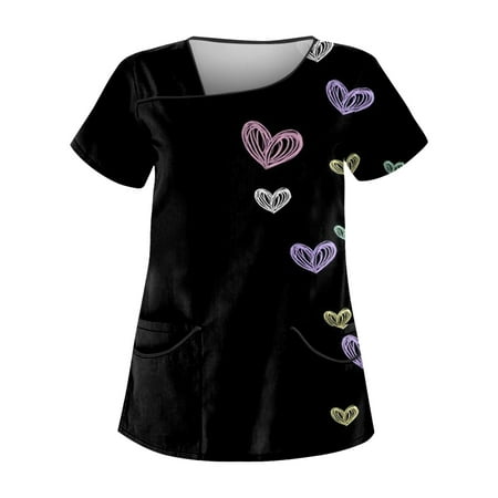 

EHTMSAK Scrubs Tops for Womens Xi Floral with Pocket with Pocket Short Sleeve V-Neck Nurse Tops Printed Working Uniform Blouse Working Tops Black S