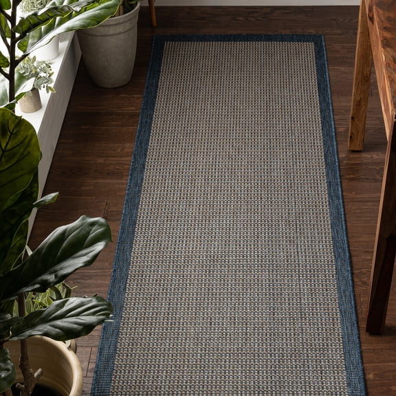 Well Woven Medusa Odin Solid & Striped Blue 2'7" x 9'10" Indoor/Outdoor Flat-Weave Runner Rug