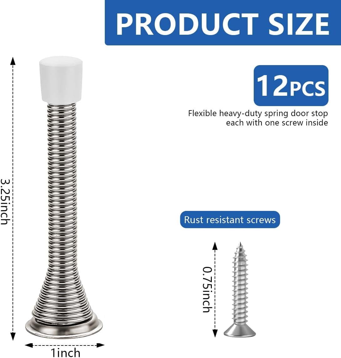 12 Pack Spring Door Stops 3 1/4 Inch Flexible Heavy Duty Spring Door Stopper with RustProof Screw Rubber Bumper Tips (Satin Nickel)