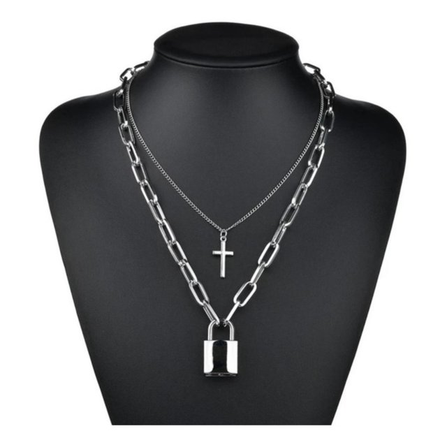 Collar De Cadena Hombre Candado y Cruz Con Llave Moda IRONICO plateado unitalla IRONICO 2