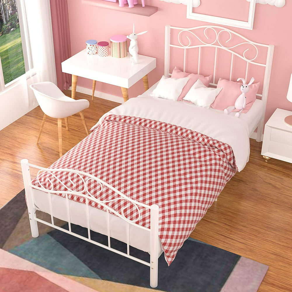 Mecor Twin XL Curved Metal Bed Frame - Princess White Platform Bed
