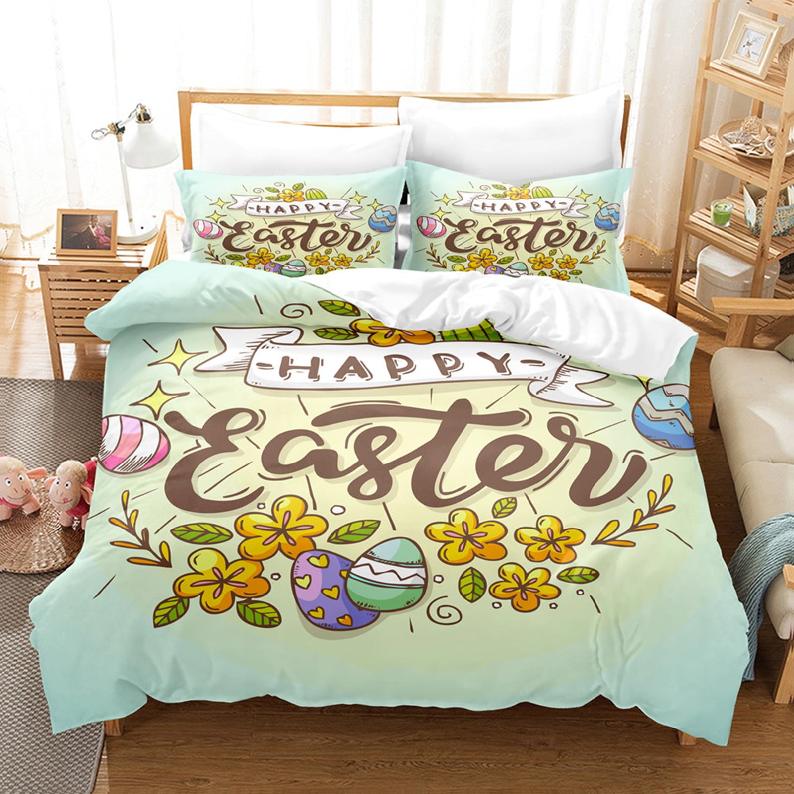 Easter Queen Comforter Set 3-Piece: Adorable Bunny & Egg Duvet Cover with 2 Standard Pillowcases | Spring Home Decor by PALIFEUR