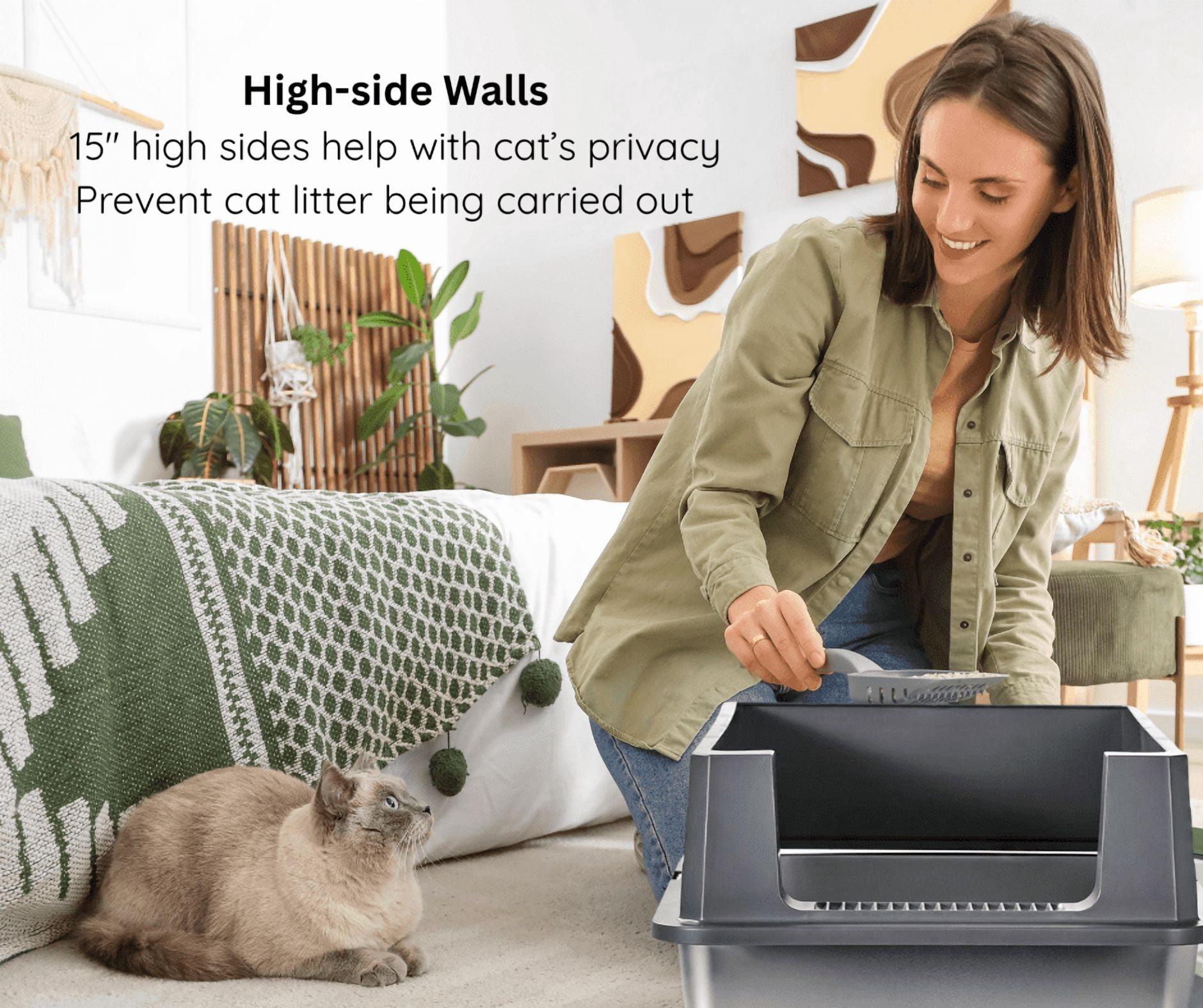 X-Large Stainless Steel Cat Litter Box Suite with Lid, Scoop & Mat – Durable, Easy-to-Clean, Non-Porous Metal Litter Pan for Large Cats or Multi-Cat Homes (28.4" × 20.7" × 15")