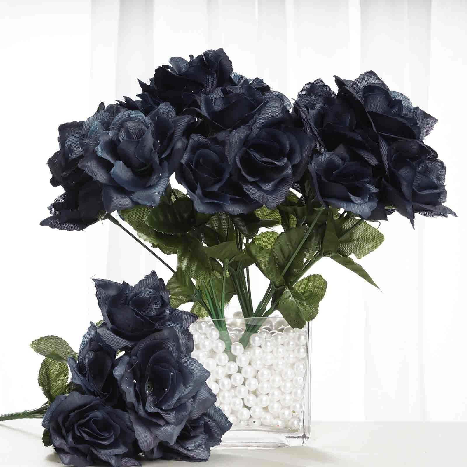 Navy Blue ~ 12 Open Long Stem Roses Silk Wedding Flowers Bouquets Centerpieces 