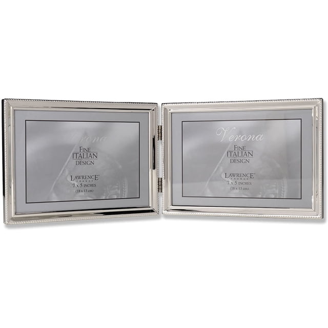 AmPm Antique Pewter 5x7 Hinged Double Picture Frame, Bead Border Design