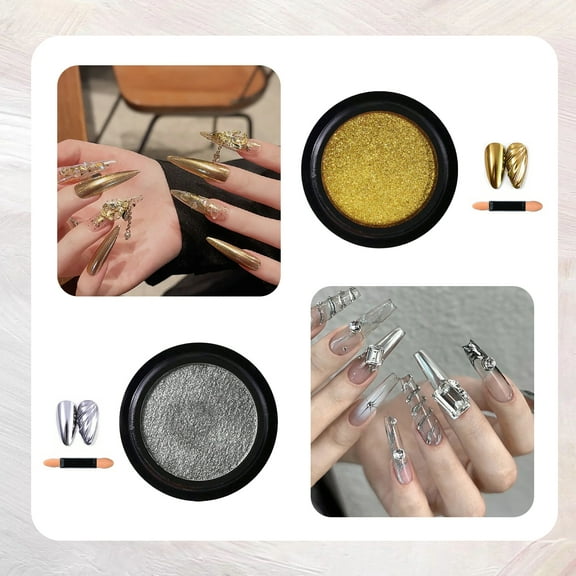 Bellecrey 2 Jars Chrome Nail Powder Kit High Luster Metallic Mirror Effect Chrome Gel Polish Powder Nail Decoration for Nail Art