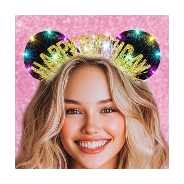 wonima11 Light Up Birthday Mouse Ears Headbands Led Gold Happy Birthdays Hairbands Glowing Birthday Crown Glitter Birthdays Hair Accessories for Women (Gold, One Size)