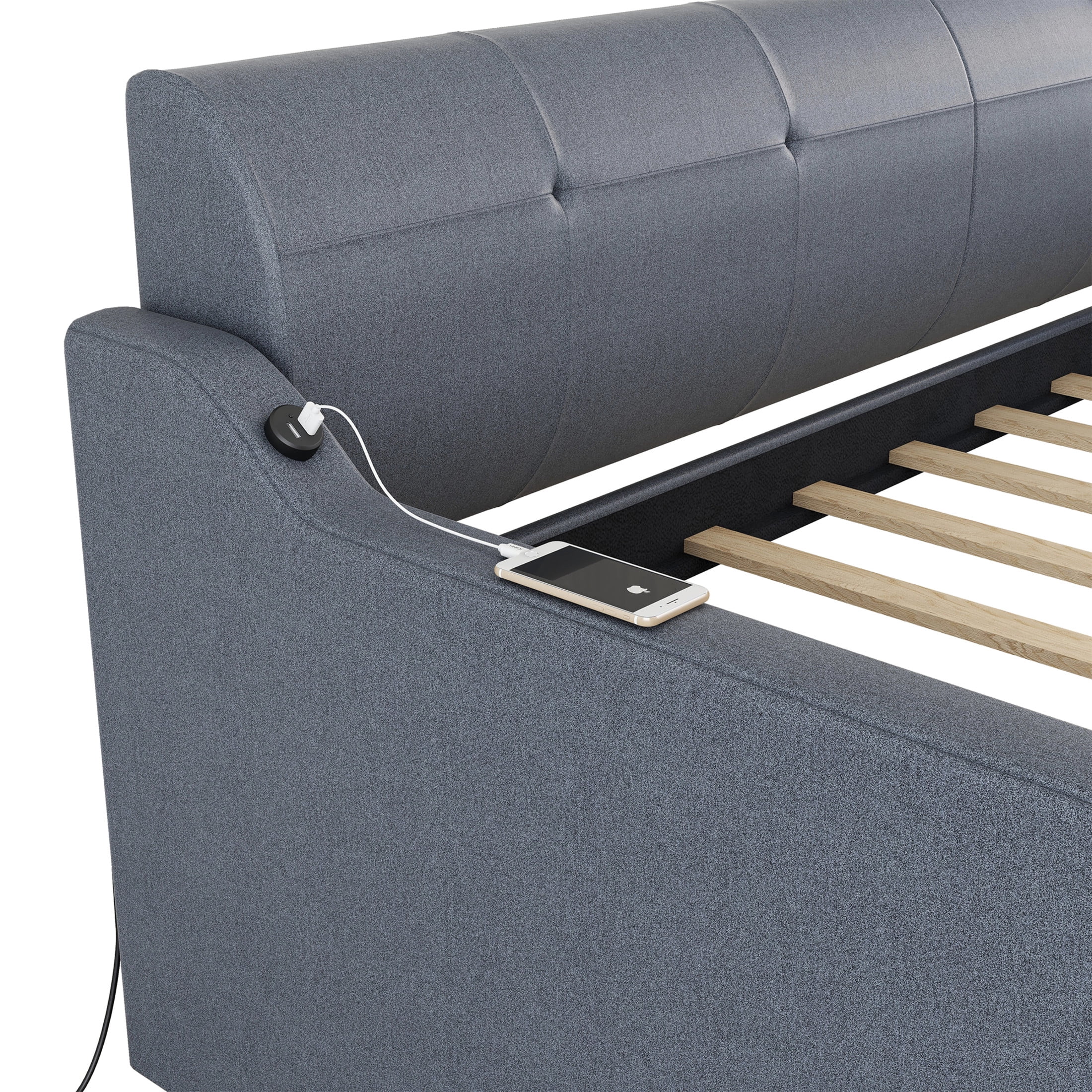 Noble House Winden Twin Linen Upholstered Daybed with Adjustable Pull-Out Trundle and USB Charging Port, Gray