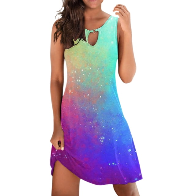 Gibobby Vestido corto casual para mujer Vestido suelto de verano para mujer, sin mangas, con estampado floral, cuello en V, ahuecado, vestido informal de p(Morado,M)