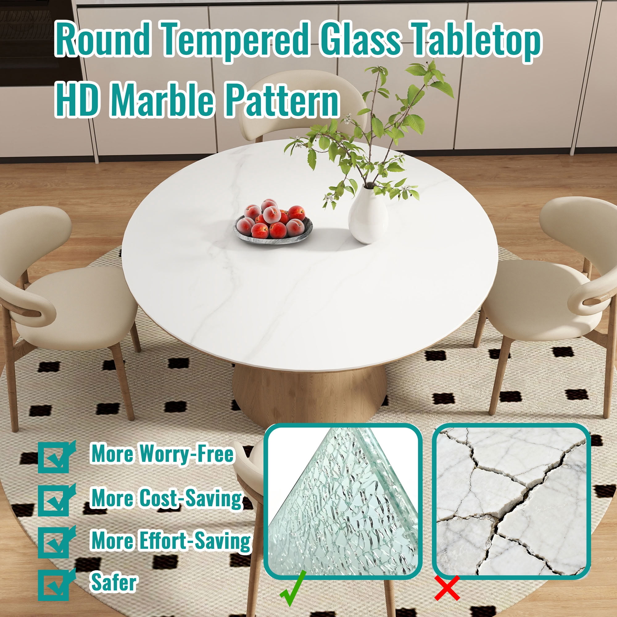 MAYEERTY 30in Round Tempered Glass Table Top, 0.31in Thick White Marble Print DIY Replacement Table Cover, Heat Scratch Proof Desktop for Indoor Outdoor Coffee Patio Dining Table