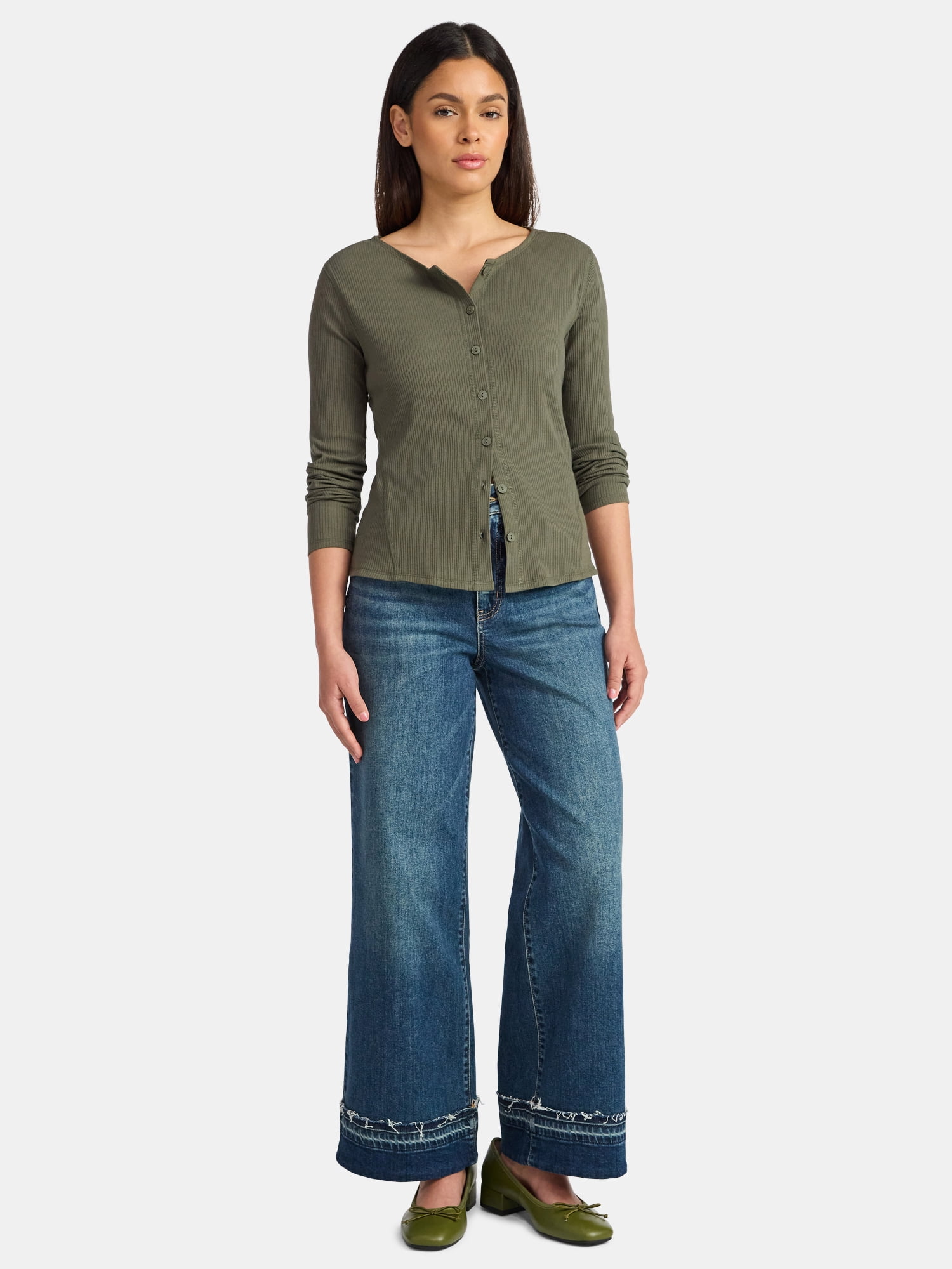 Time and Tru Women's Ribbed Knit Button Front Top with Long Sleeves, Sizes XS-XXXL