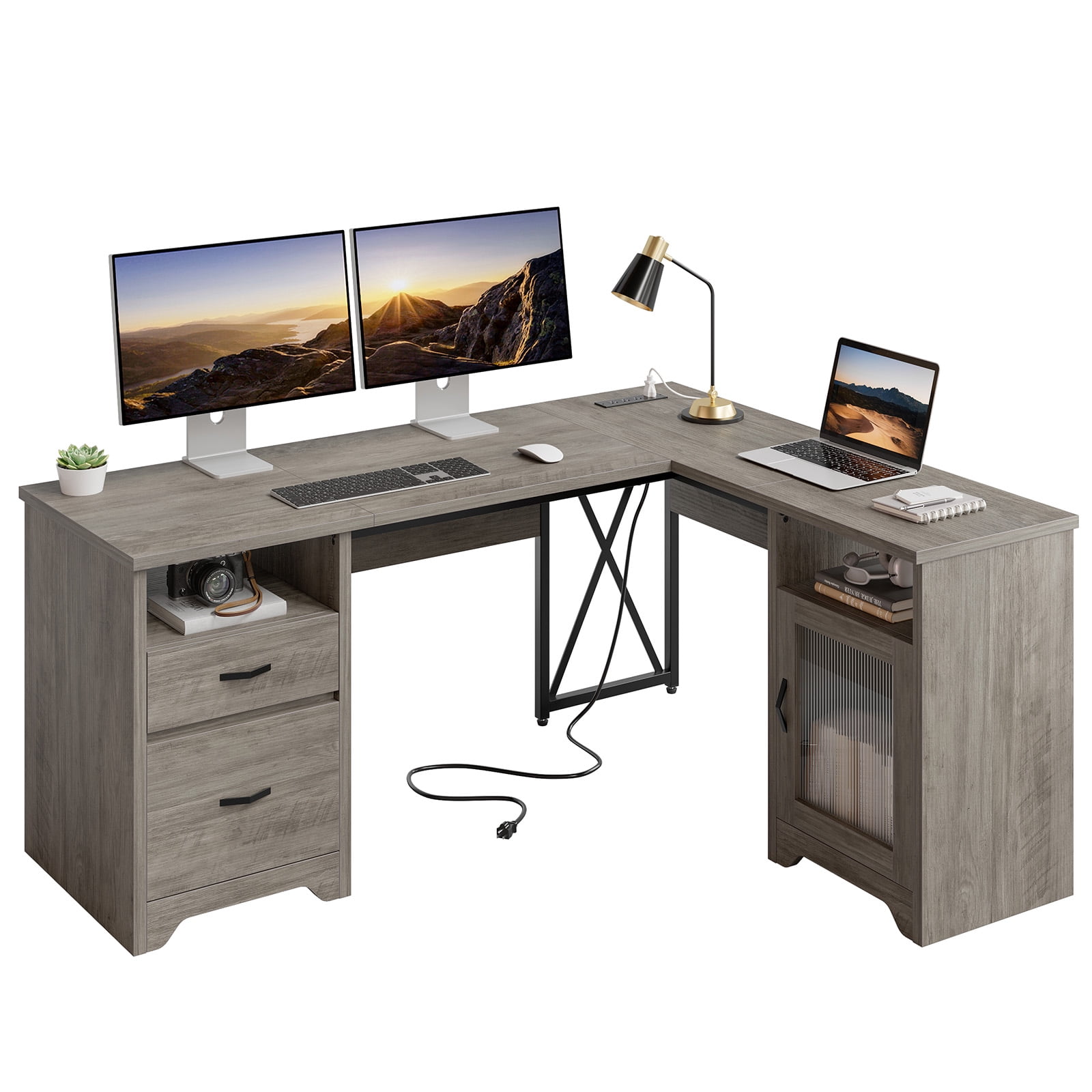 Bestier Farmhouse L Shaped Desk with Drawers, 63"Office Computer Desk with Charging Station & Fluted Storage Cabinet, Corner Desk with File Drawers, Modesty Panel for Home Office, Grey