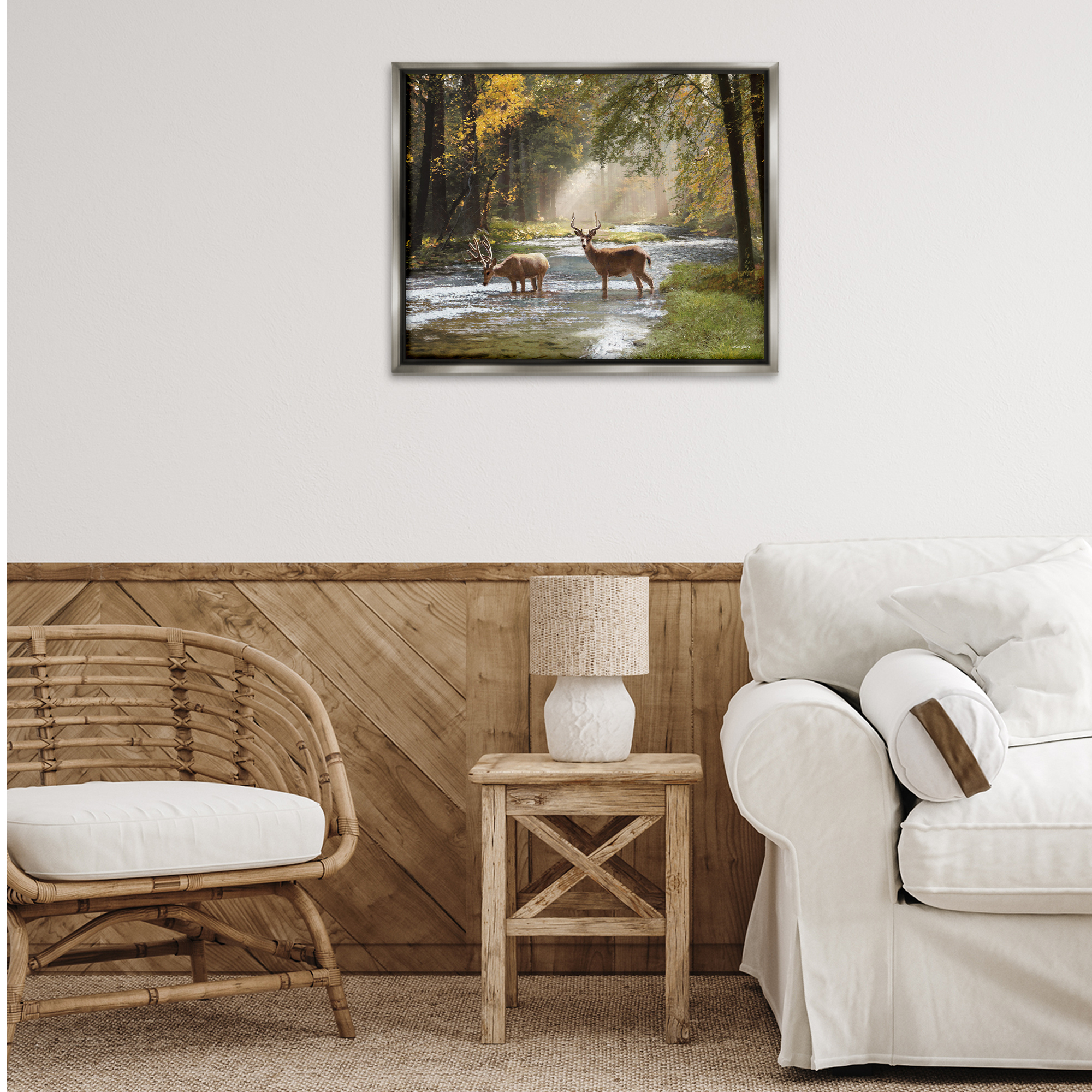 Stupell Industries Deer Grazing in Creek Landscape Painting Gray Floater Framed Art Print Wall Art, 31 x 25