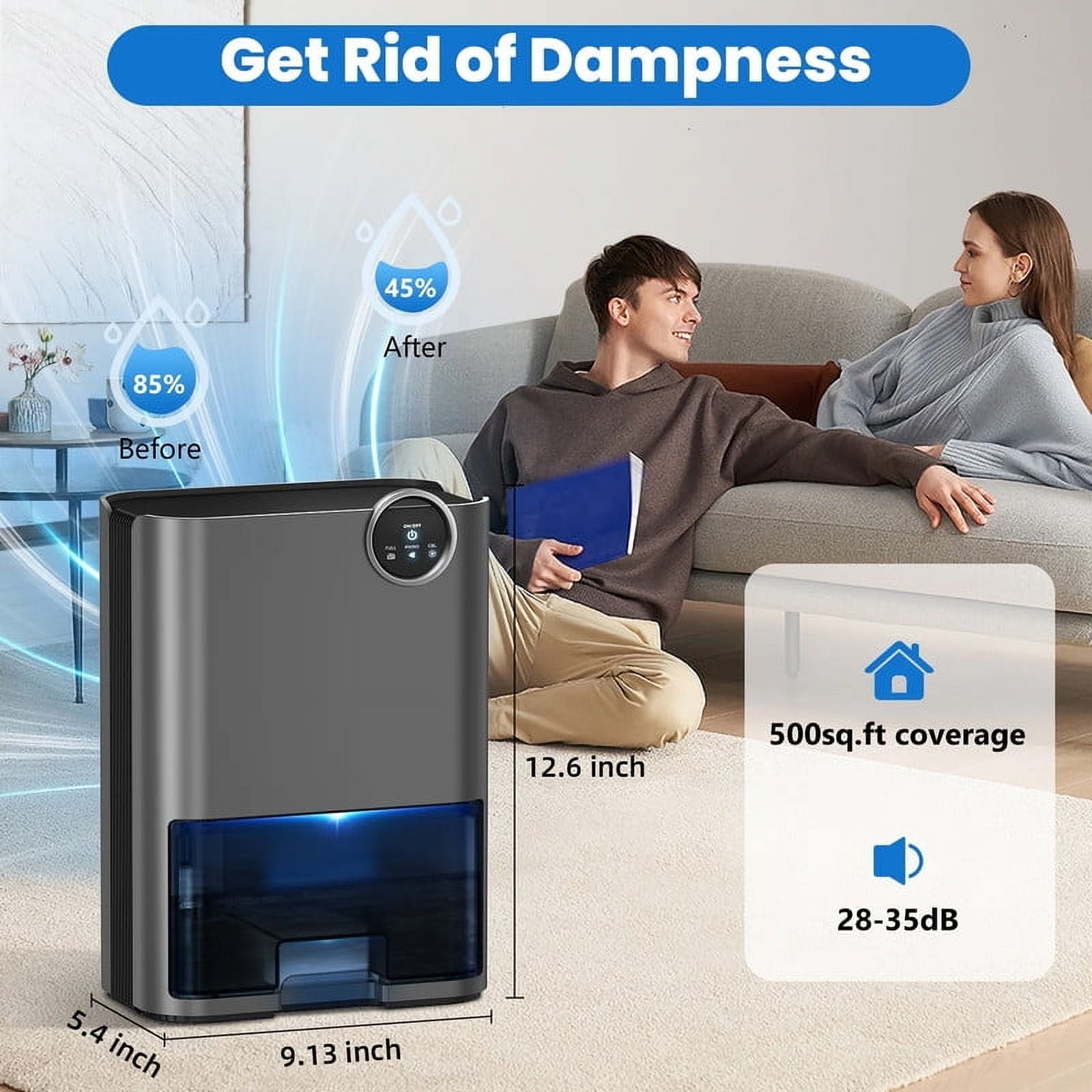 EGEH Dehumidifier for Home, 70 OZ Water Tank (500 sq ft) Auto Shut off Small Dehumidifiers for Bedroom Bathroom with 5 Colors LED Lights, Gray