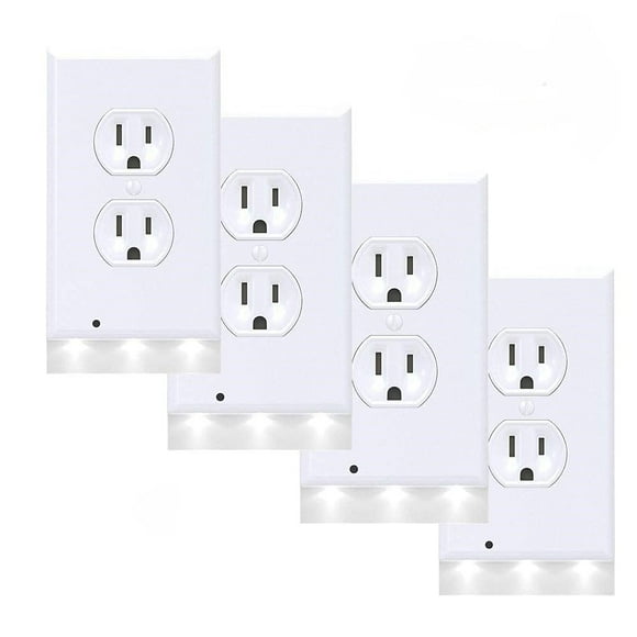 Plaque Murale de Sortie Domestique avec Veilleuses à 3 LED (Lot de 4) - Sans Piles Ni Fils - s'Installe en Quelques Secondes - (Style Duplex Blanc Lot de 4)