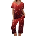 thumbnail image 3 of Kixjoy Valentines Capris Sets Women 2 Piece Outfits Short Sleeve Tracksuit Casual Plus Size Sweat Capris and Shirts Fall Valentines Loose Fit Sweatsuits for Women with Pockets, Vermilion S, 3 of 7
