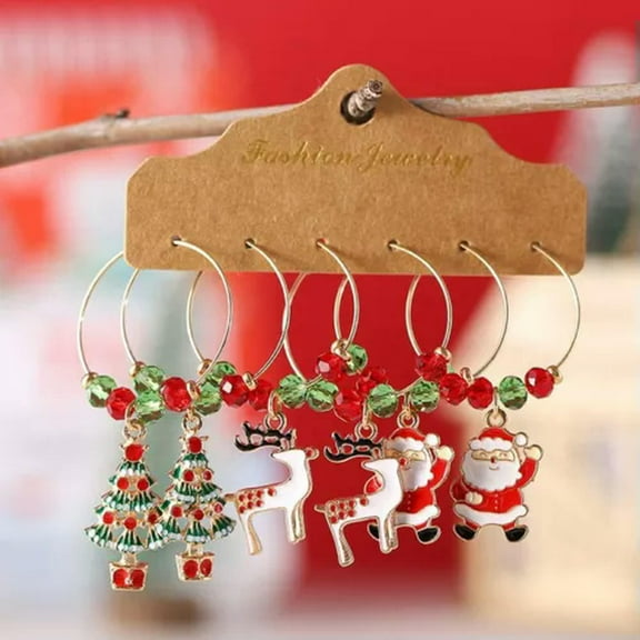 GKNET 6PCS Christmas Tree Santa Claus Crystal Ear Hoop Earrings Dangle Women Jewelry-#1