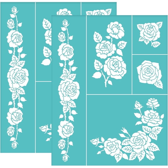 2 Pcs Rose Self-Adhesive Silk Screen Printing Stencil Rose Bud Leaf Mesh Transfer Stencil Reusable
