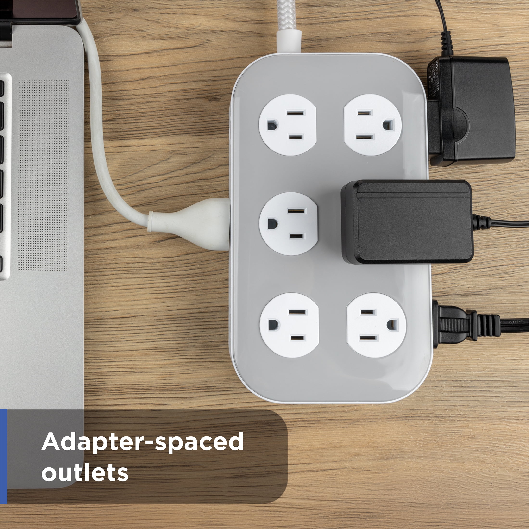 GE Surge Protector Power Strip, 4ft  Braided Extension Cord, 12-Outlet Extender (Wide Spaced), 2100 Joules, Flat Plug, ETL Safety Listed, Gray/White