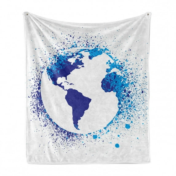Grunge Soft Flannel Fleece Throw Blanket, Globe with Ink Splatter Illustration Color Splashes All over World Map Continents, Cozy Plush for Indoor and Outdoor Use, 50" x 70", Blue White, by Ambesonne