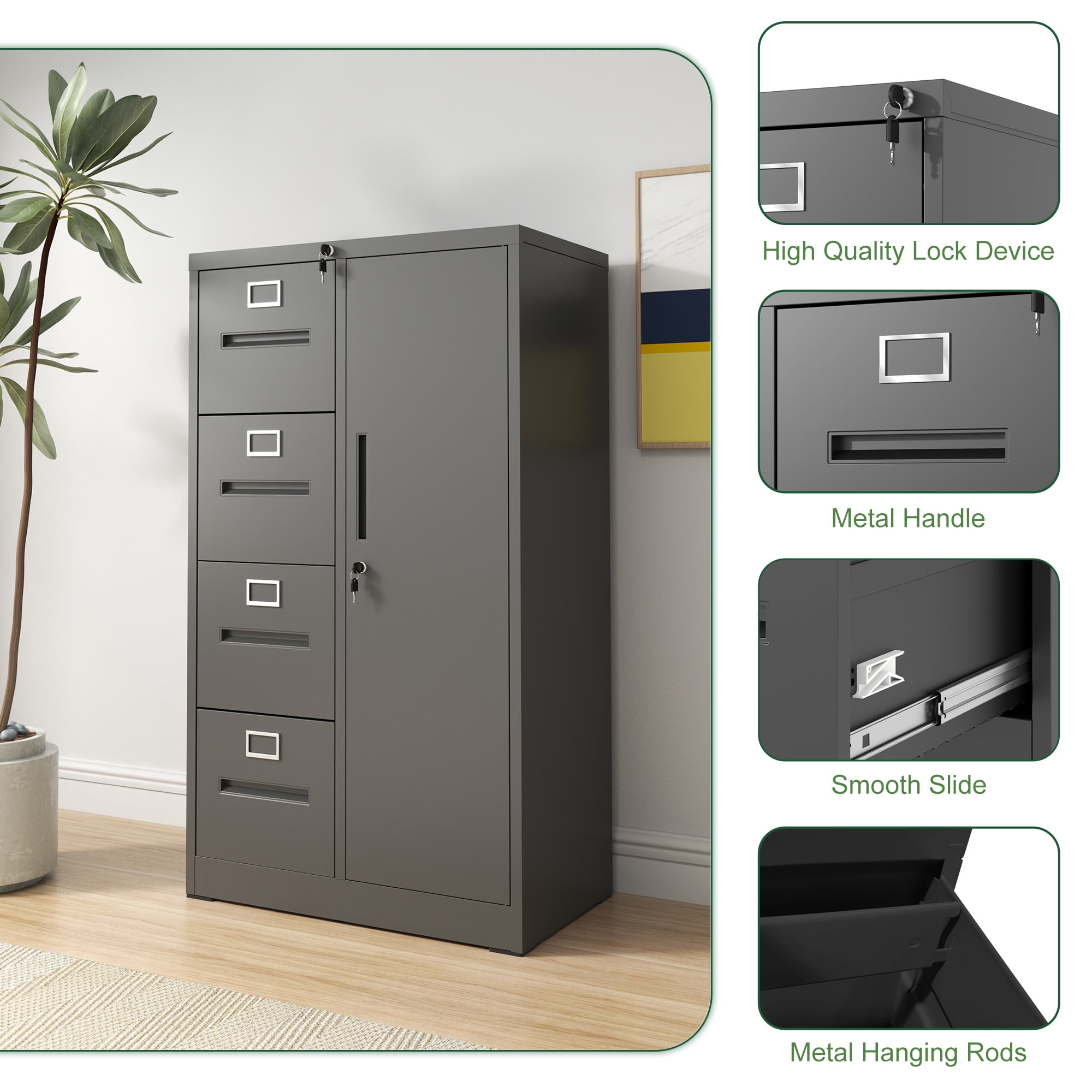 Vertical File Cabinet with Lock 4 Drawers and Wardrobe, Steel Storage Locker and Filing Organizer Cabinet for School Office Living Room, Black