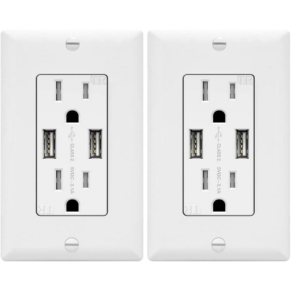 TOPGREENER 3.1A USB Wall Outlet Charger, 15A Decorator Tamper-Resistant Receptacles, Charging Power Socket with USB Ports, White, 2 Pack