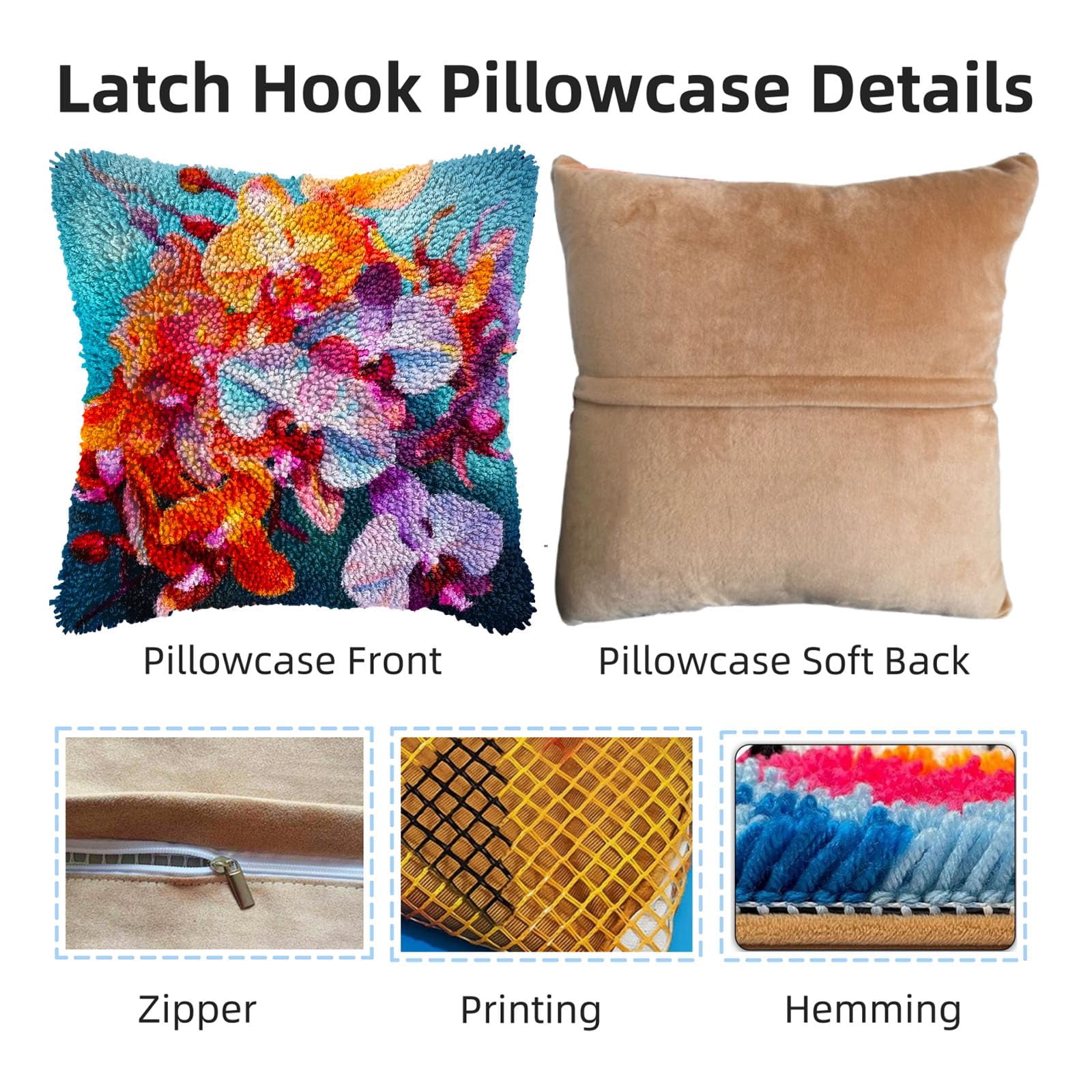 Butterfly Orchid Flowers DIY Latch Hook Pillow Kits for Adults Printed Pillowcase Crochet Yarns Hooking Handmade Pillow Cover Cushion for Home Sofa Decoration 17x17inch